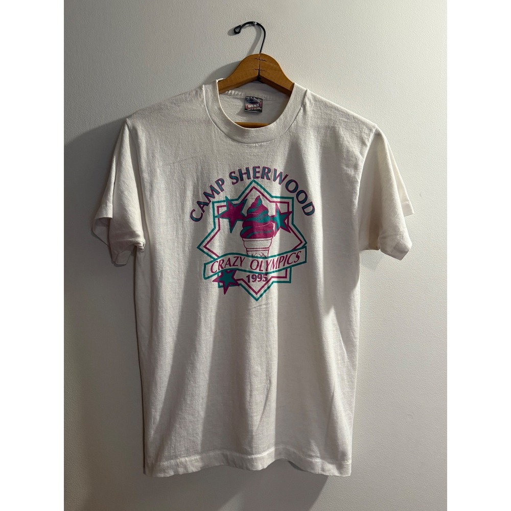 Vintage 1995 Camp Sherwood Crazy Olympics T Shirt Fruit of the Loom BEST White L